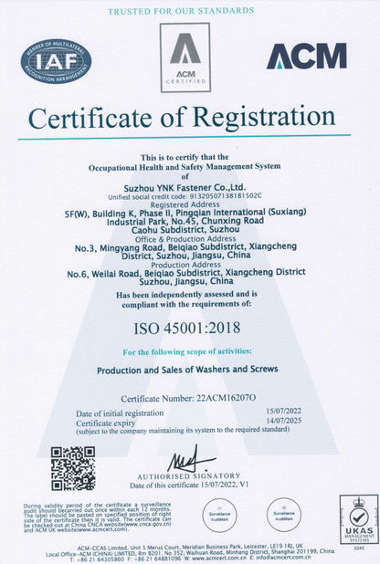 চীন Suzhou YNK Fastener Co., Ltd. সার্টিফিকেশন